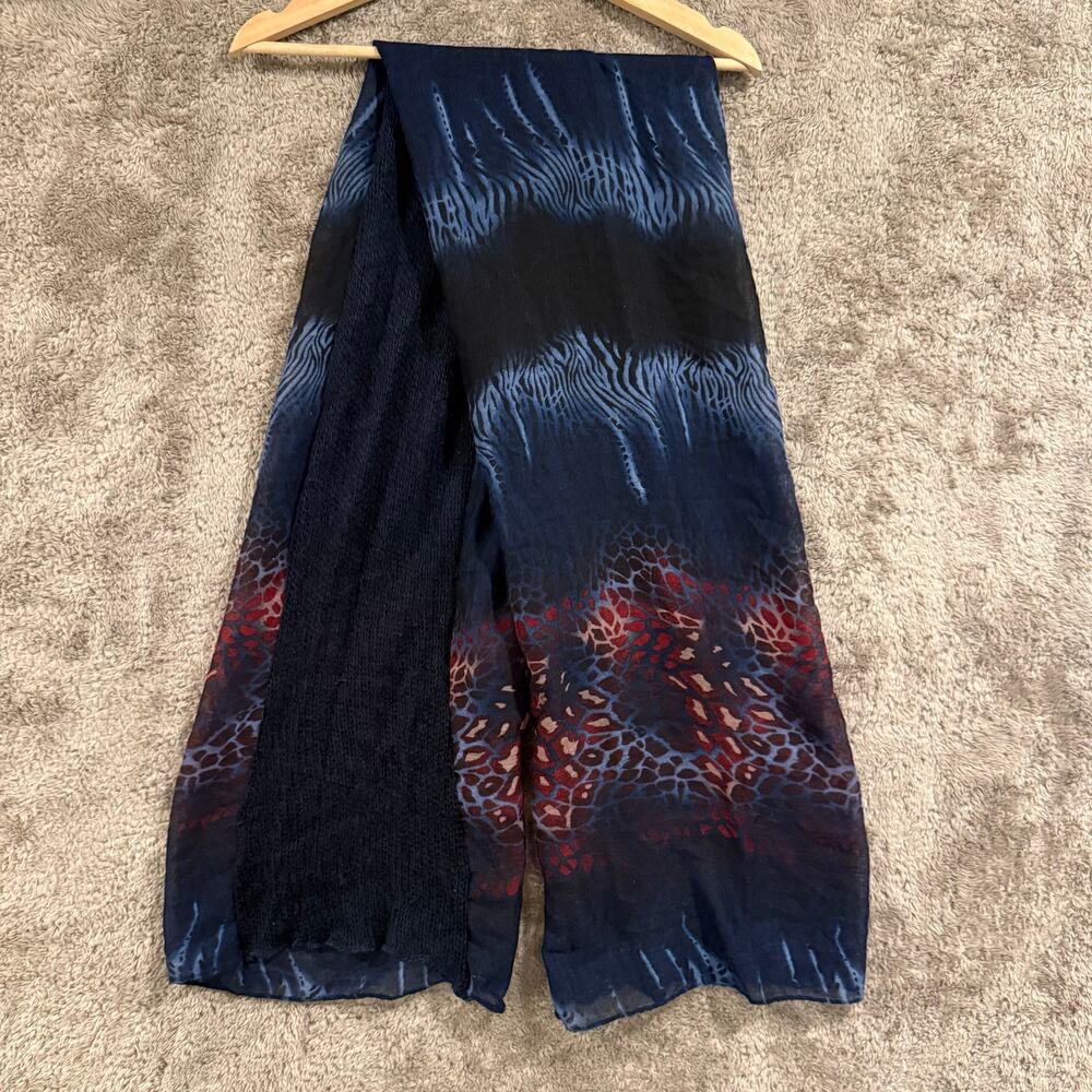 D&Y David & Young Scarf Blue Red Animal Print Open Knit Tube Mixed Media